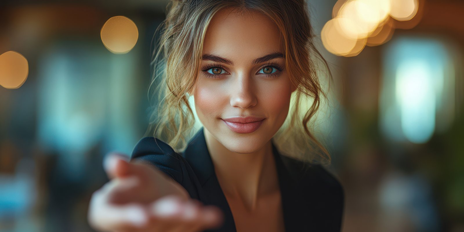 Young woman extending her hand with a warm smile in an elegant indoor setting during late afternoon light